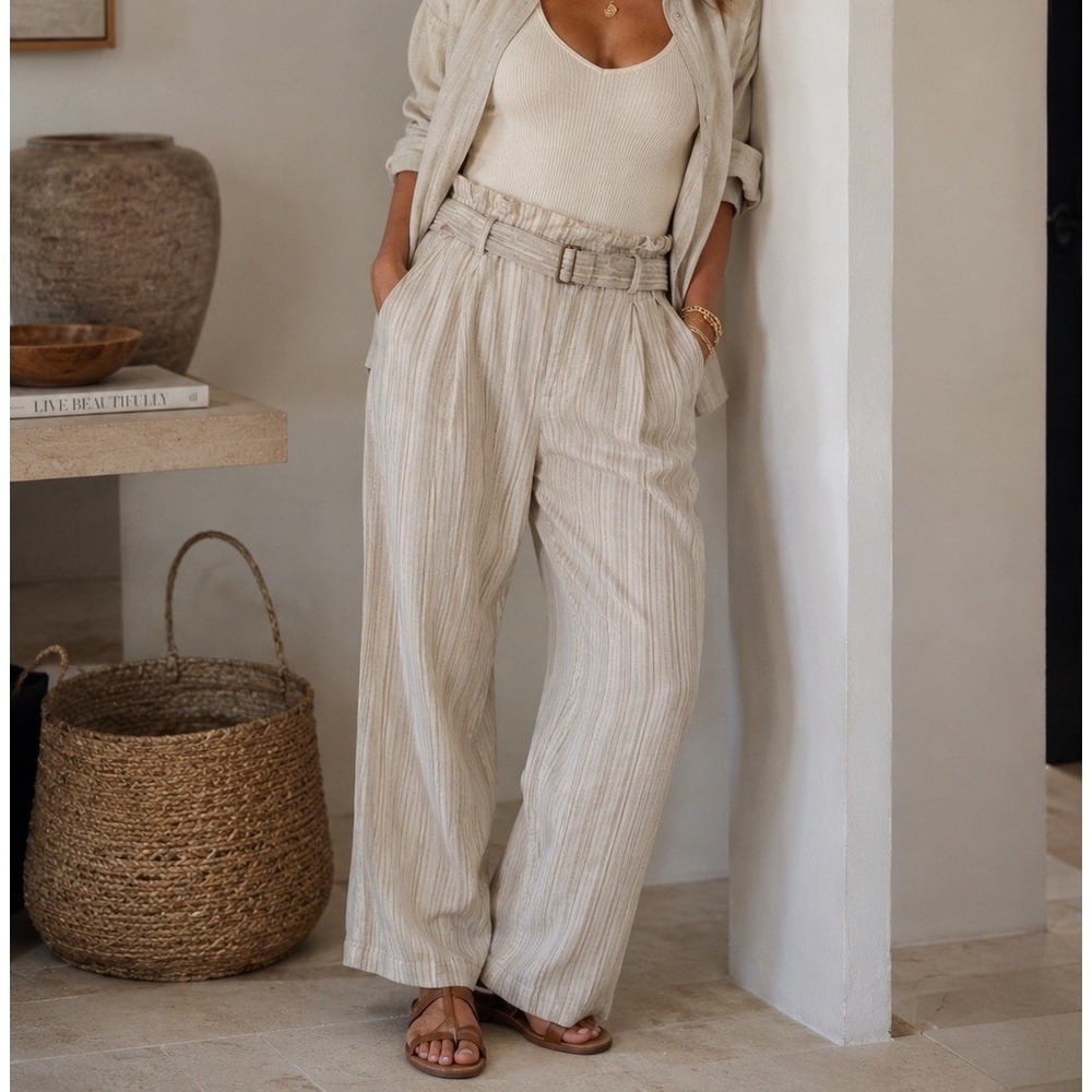 Banana Republic Linen Blend Pants Size 8 Wide Leg Belted Coastal Paper Bag Waist